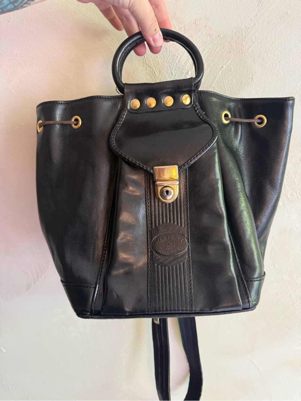 Vintage Orient Vera Pelle Made in Spain Black Leather Top Handle Bucket Bag